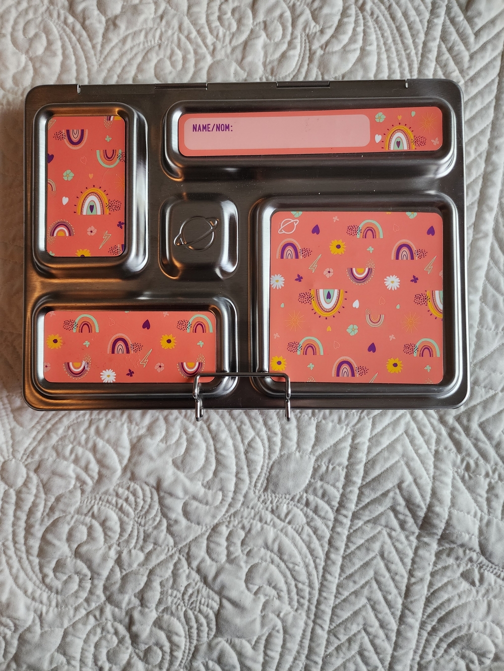 PlanetBox Rover Stainless Steel Bento Lunch Box with Pink Rainbow Magnets Kids